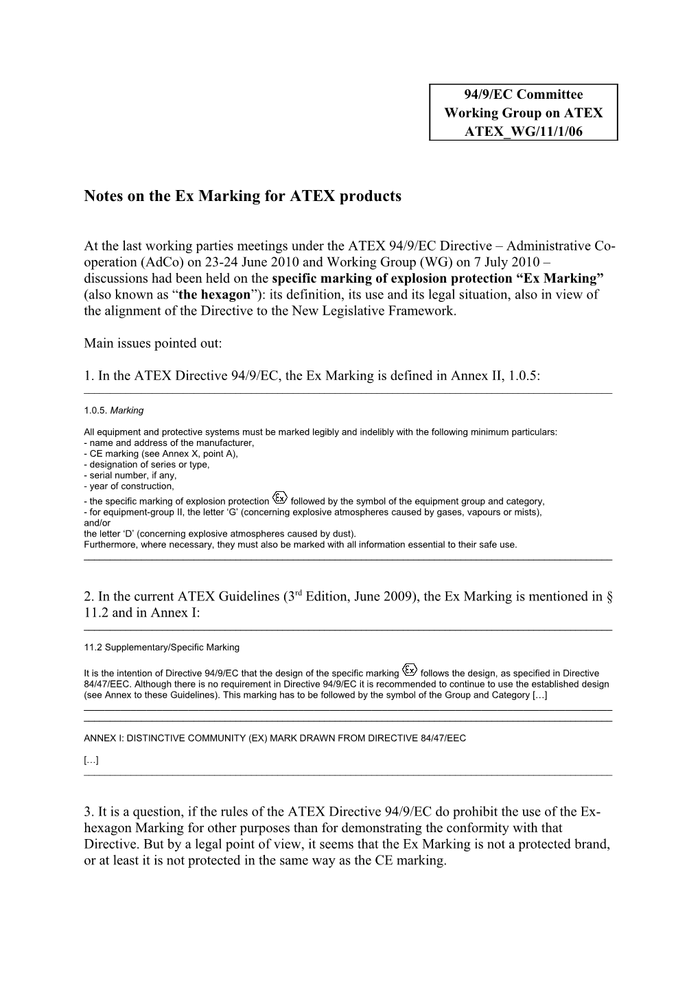 ATEX WG/11/1/06 - Notes on the Ex Marking for ATEX Products