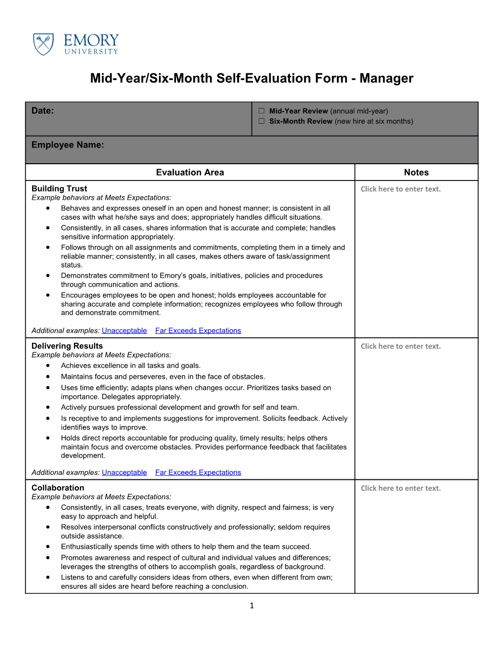 Mid-Year/Six-Month Self-Evaluation Form - Manager