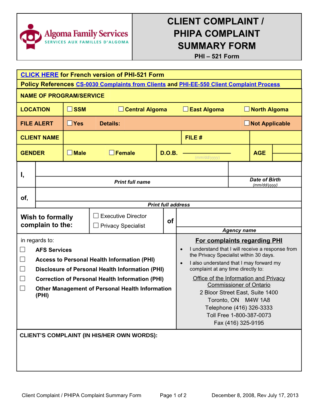 PHI-521 FORM Client Complaint-PHIPA Complaint Form