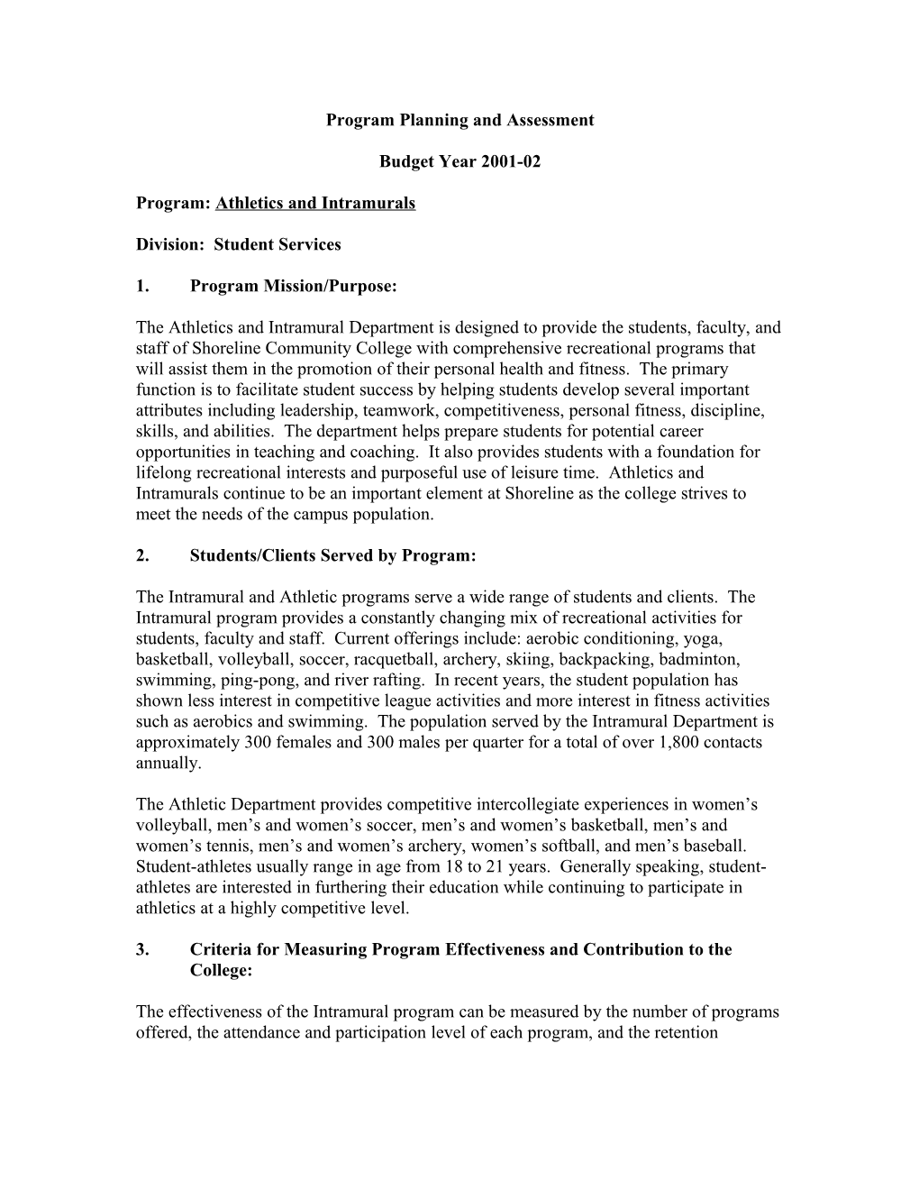 Program Planning and Assessment