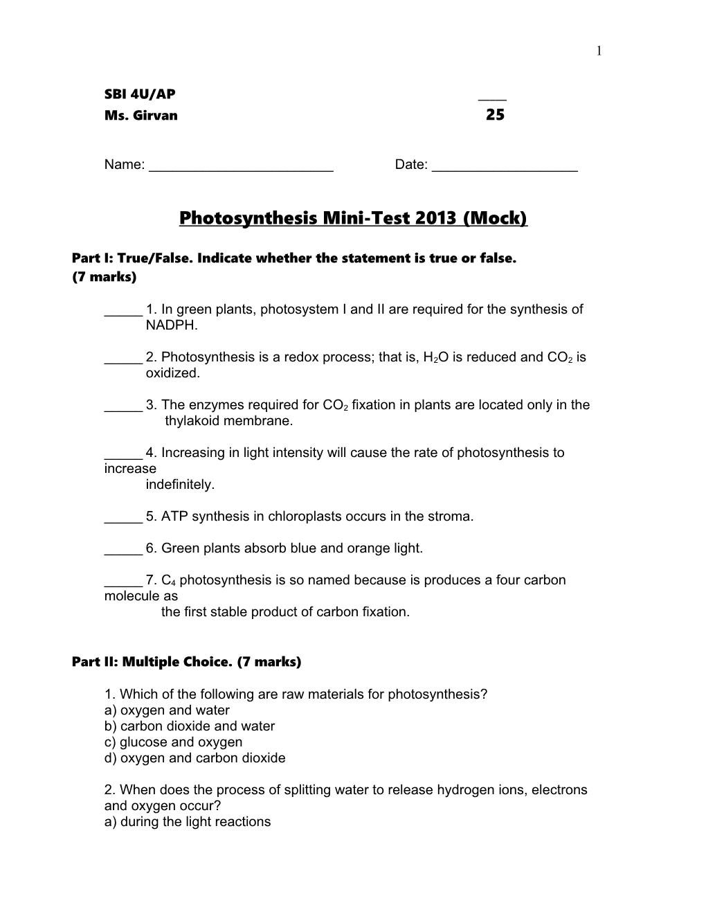 Photosynthesis Mini-Test 2013 (Mock)