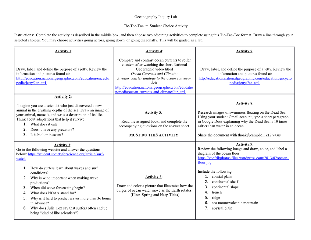 Tic-Tac-Toe = Student Choice Activity