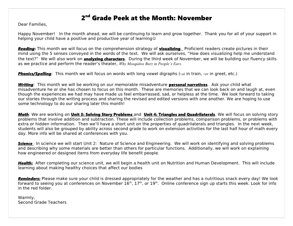 2Nd Grade Peek at the Month: November
