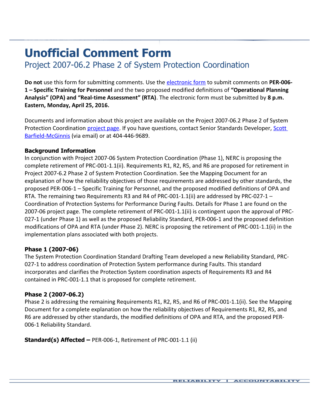 Project 2007-06.2 Unofficial Comment Form 2016 03 10 Posting