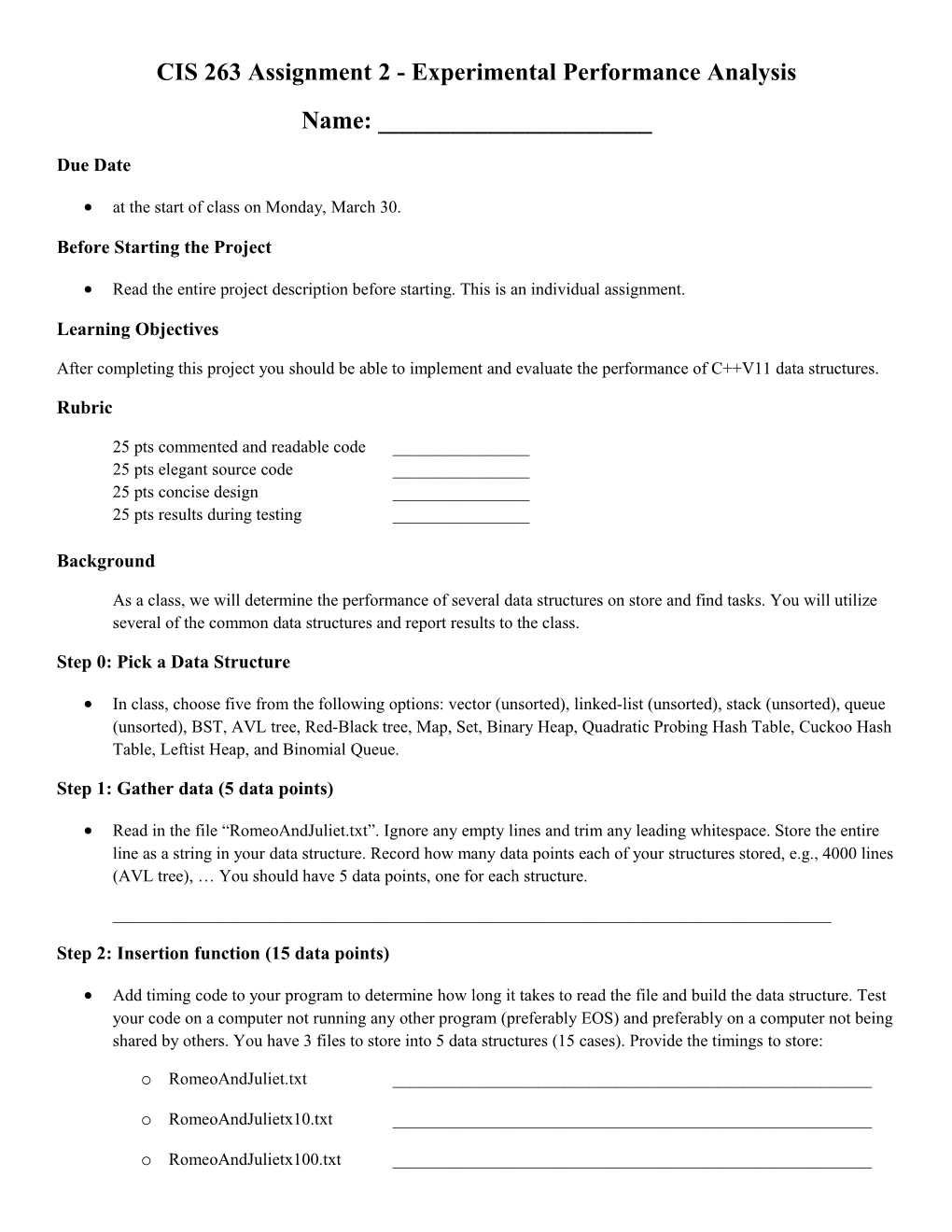 CIS 263Assignment 2 - Experimental Performance Analysis