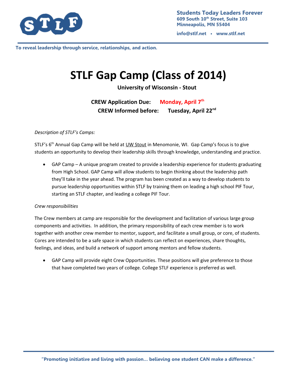 STLF Gap Camp (Class of 2014)University of Wisconsin - Stout