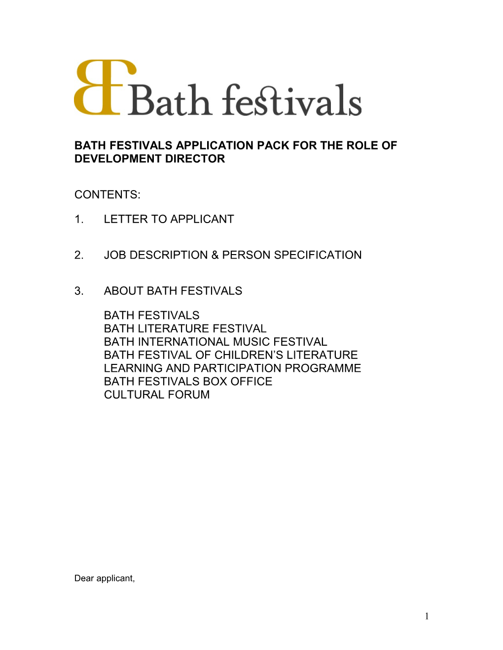 Bath Festivals Application Pack for the Role of Festivals Officer