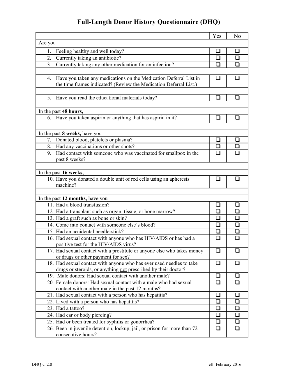 Full-Length Donor History Questionnaire (DHQ)