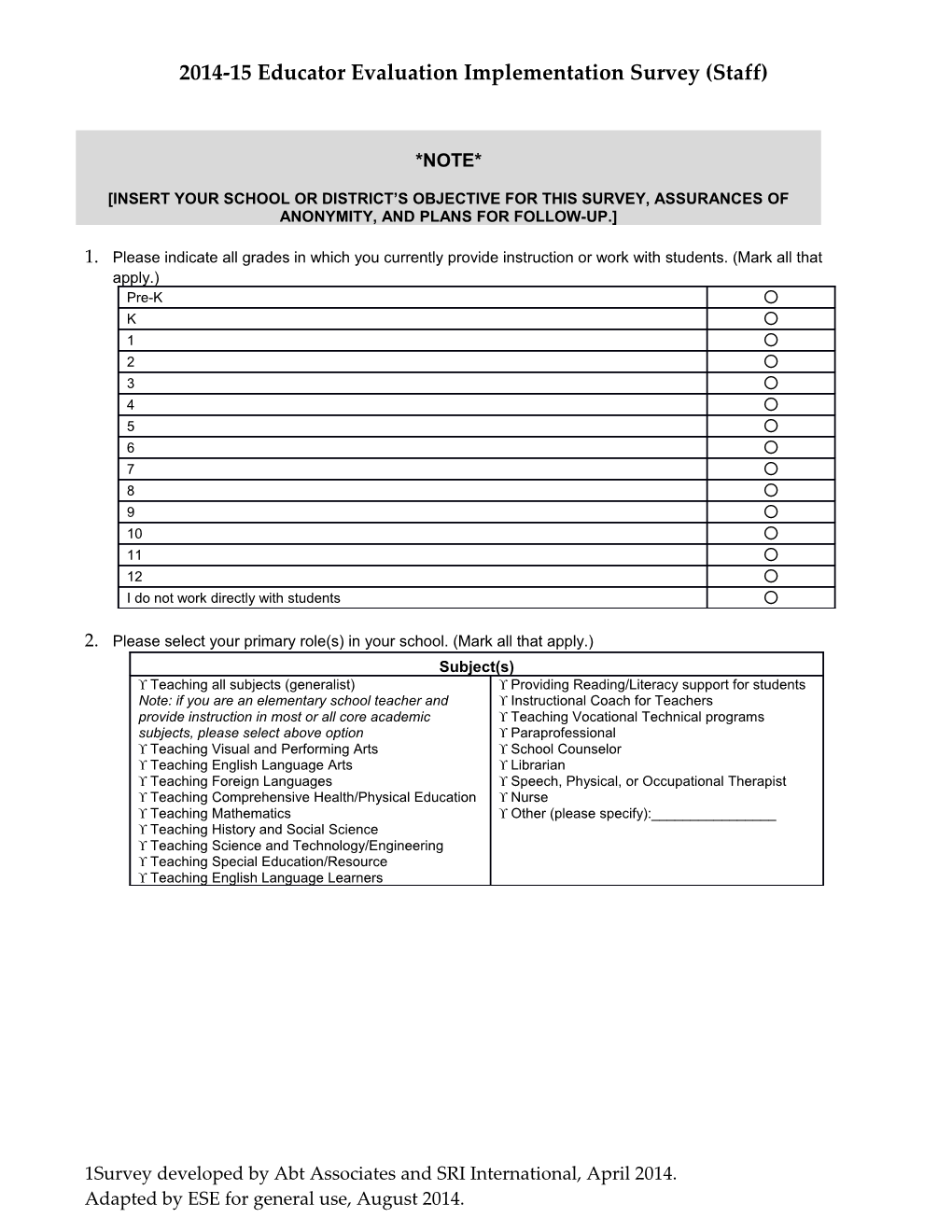 Educator Evaluation Implementation Teacher Survey