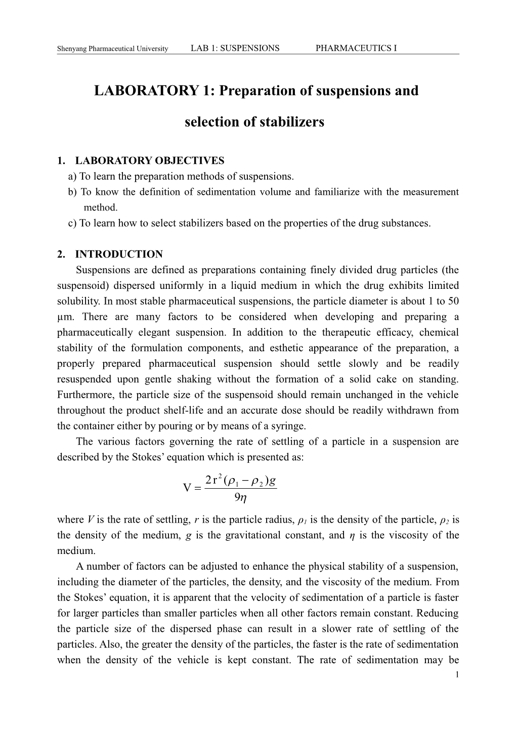 LABORATORY 1: Preparation of Suspensions And