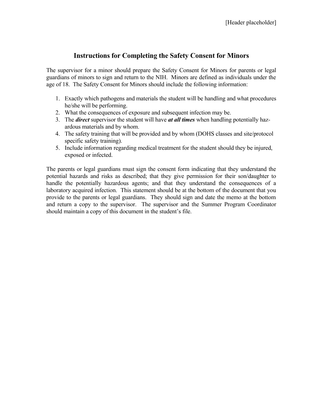 Instructions for Completing the Safety Consent for Minors