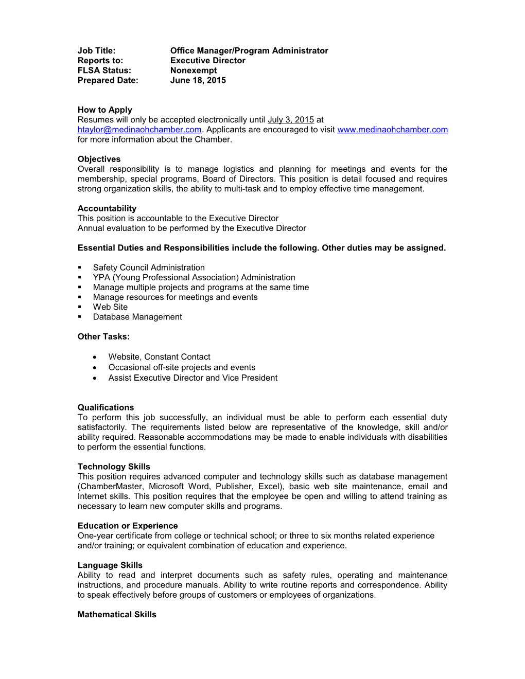Job Description - Administrative Assistant/Project Manager