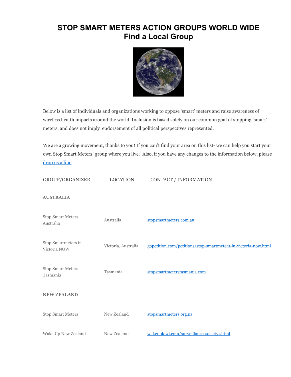 Stop Smart Meters Action Groups World Wide