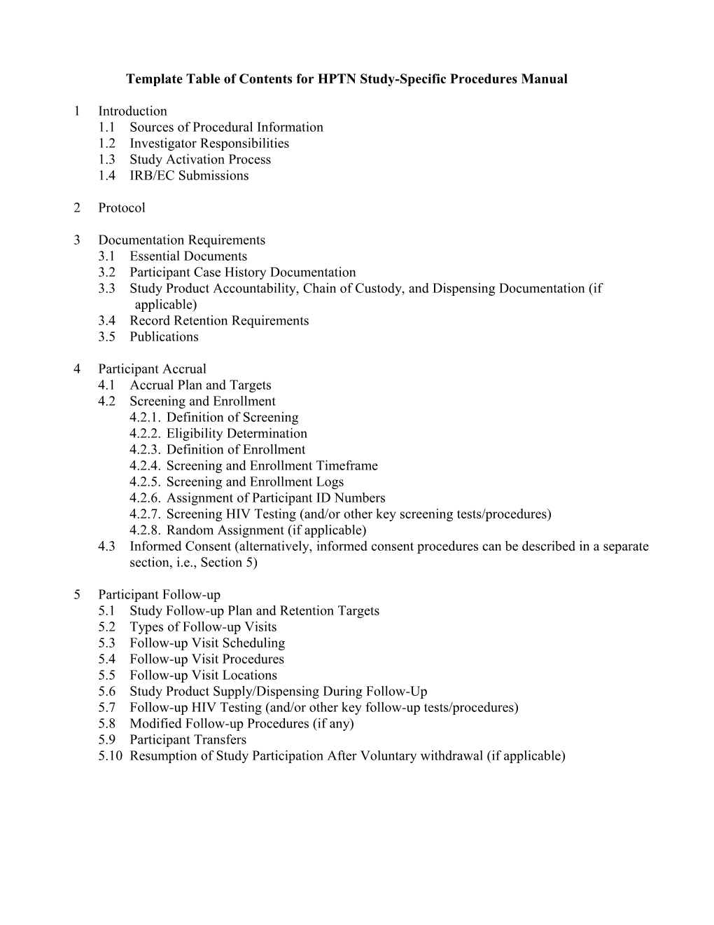 Template Table of Contents for HPTN Study-Specific Procedures Manual