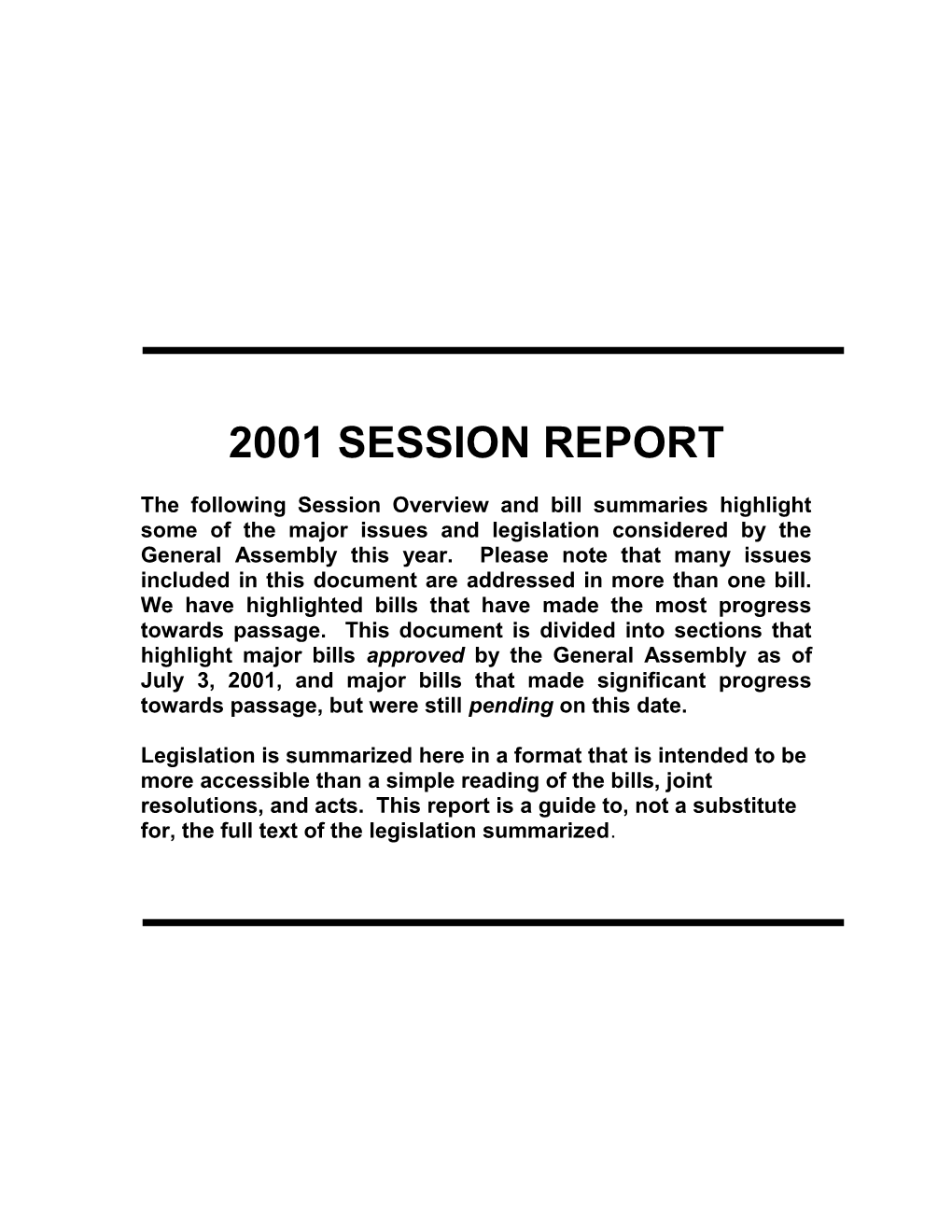 Legislative Update - 2001 Session Report - South Carolina Legislature Online