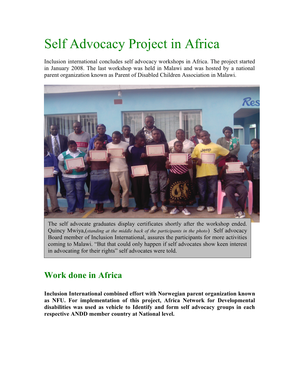 Self Advocacy Project in Africa