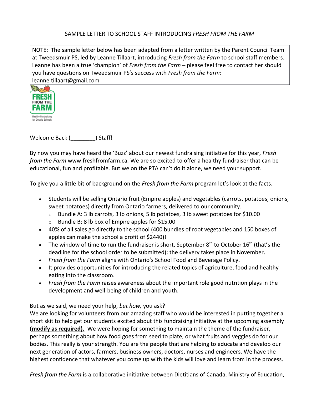 Sample Letter to School Staff Introducing Fresh from the Farm