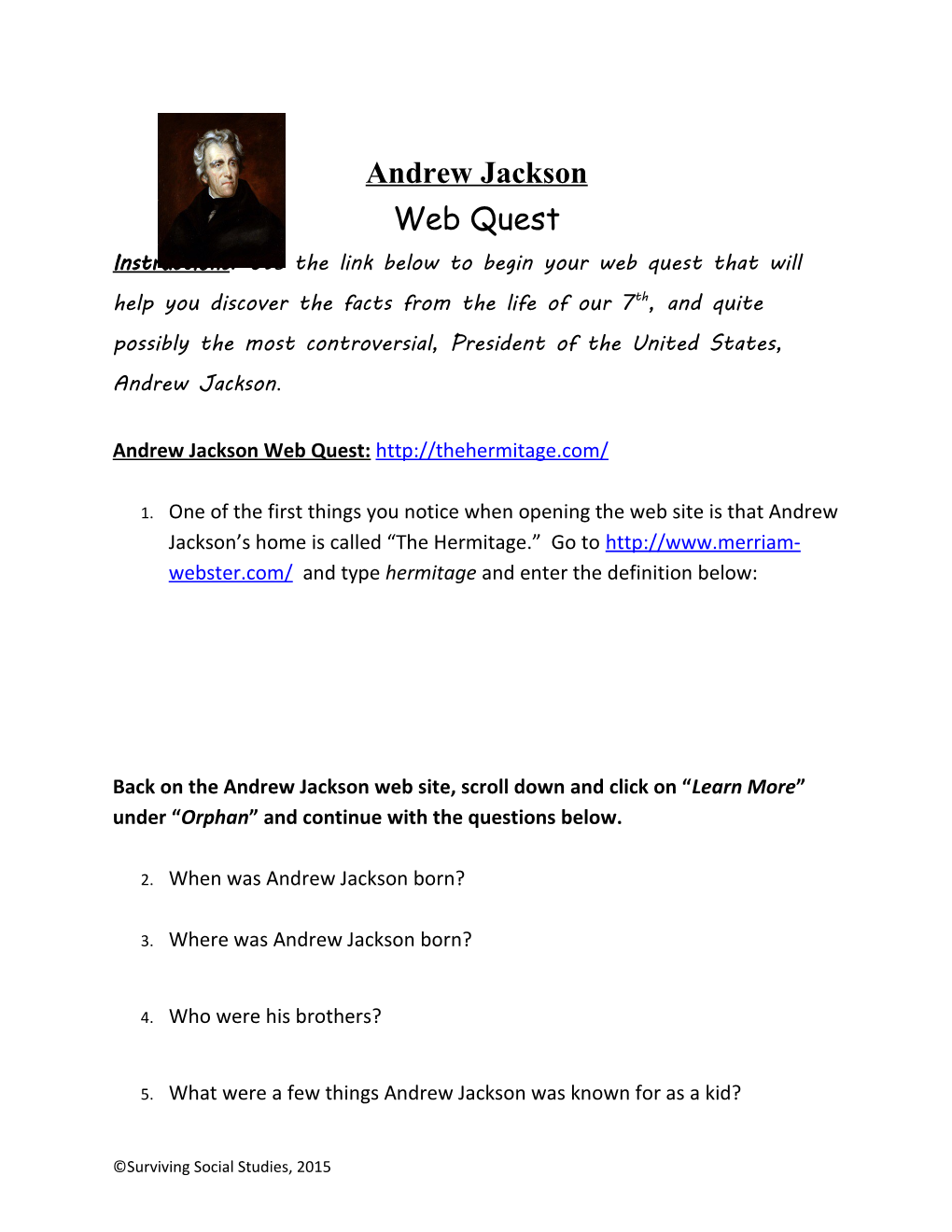 Andrew Jackson Web Quest
