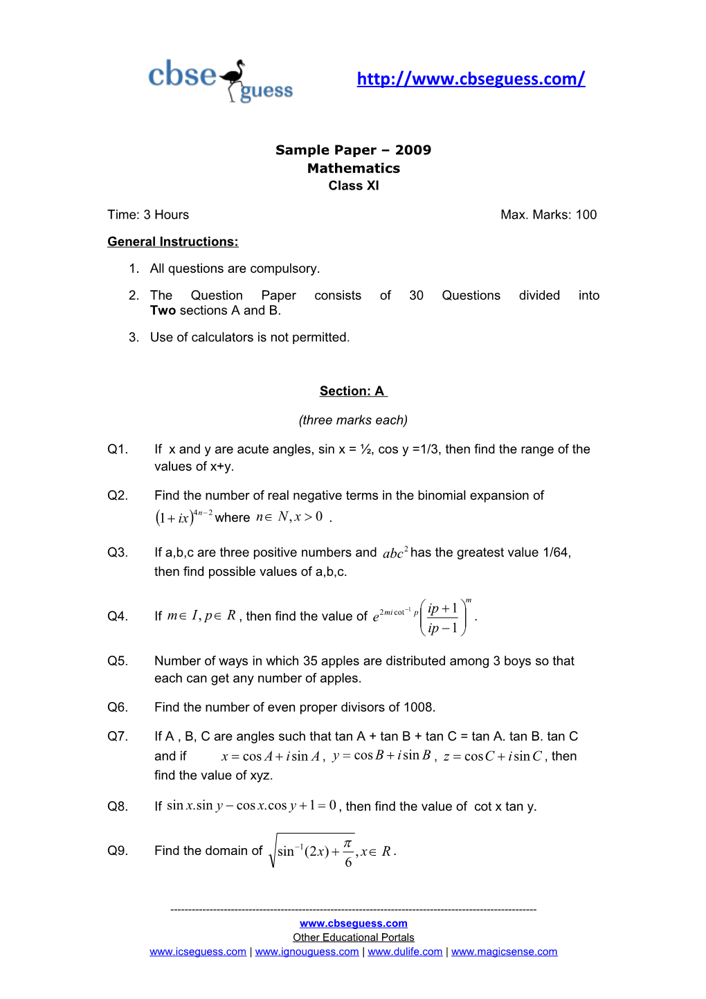 Sample Paper 2009 Mathematics Class XI