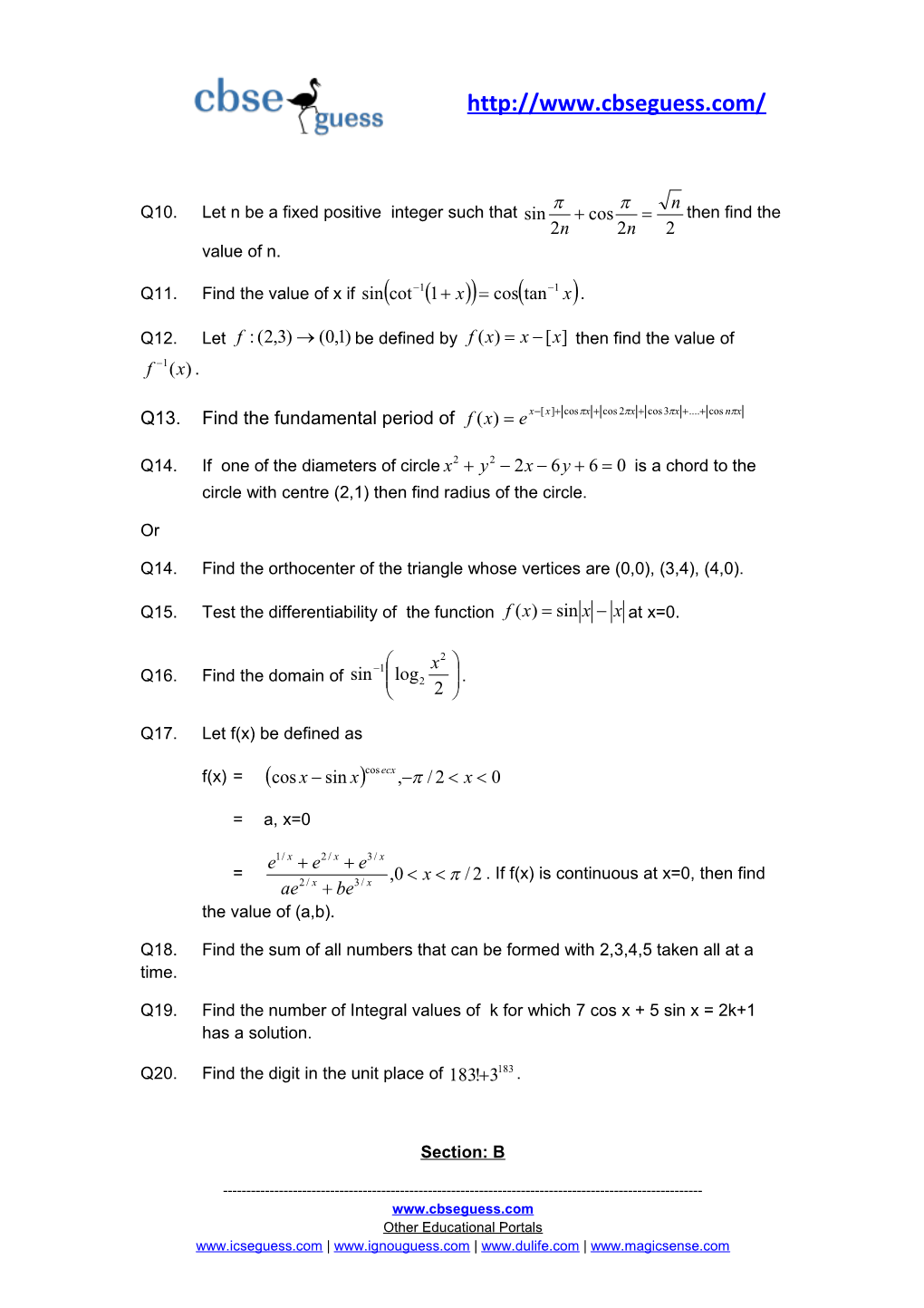 Sample Paper 2009 Mathematics Class XI