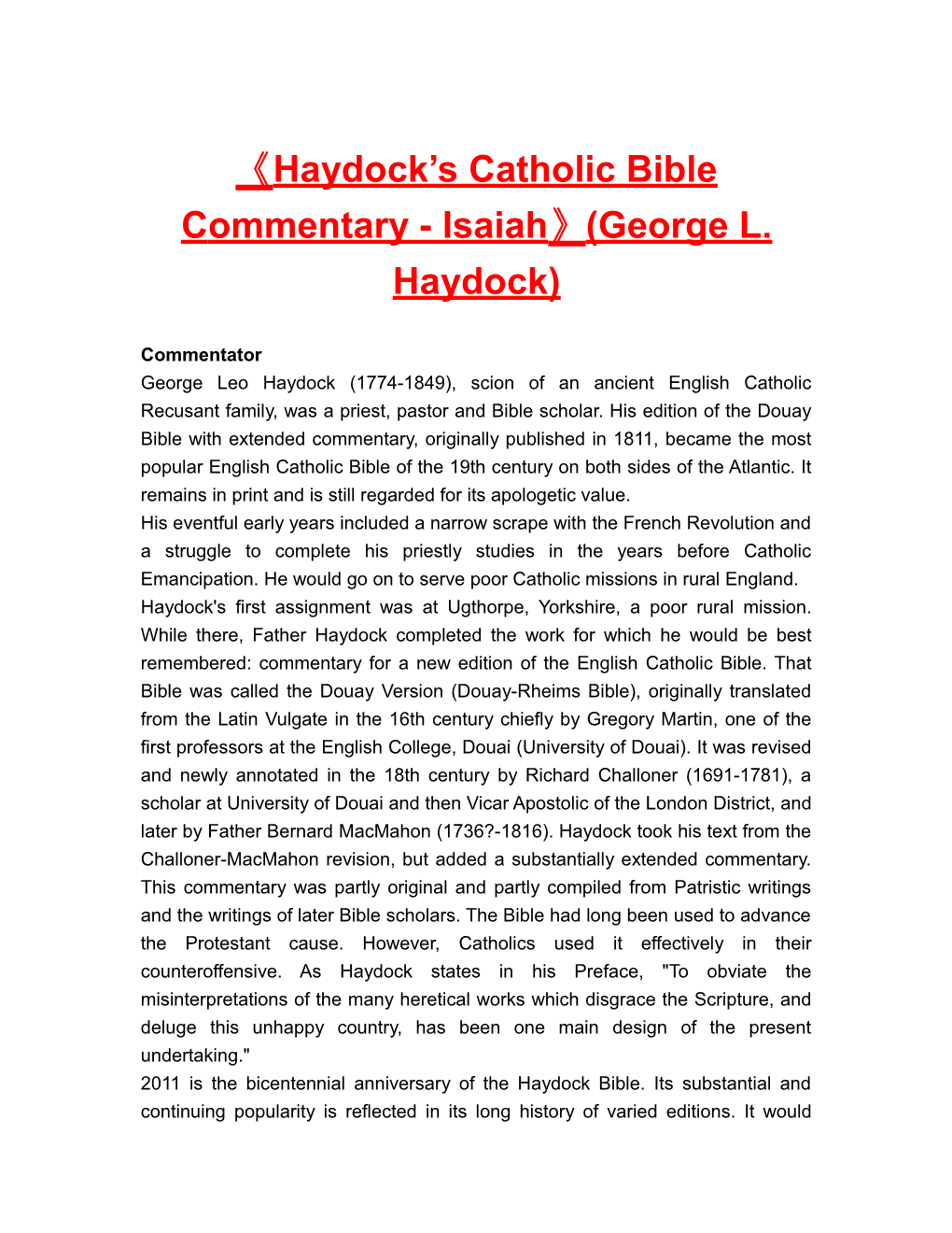 Haydock S Catholic Bible Commentary - Isaiah (George L. Haydock)