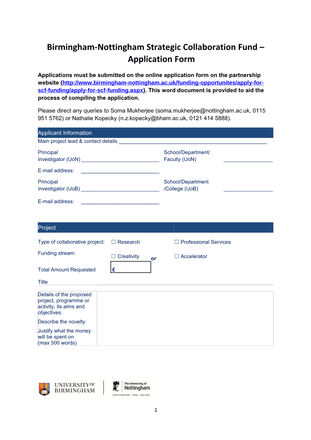 Birmingham-Nottingham Strategic Collaboration Fund Application Form