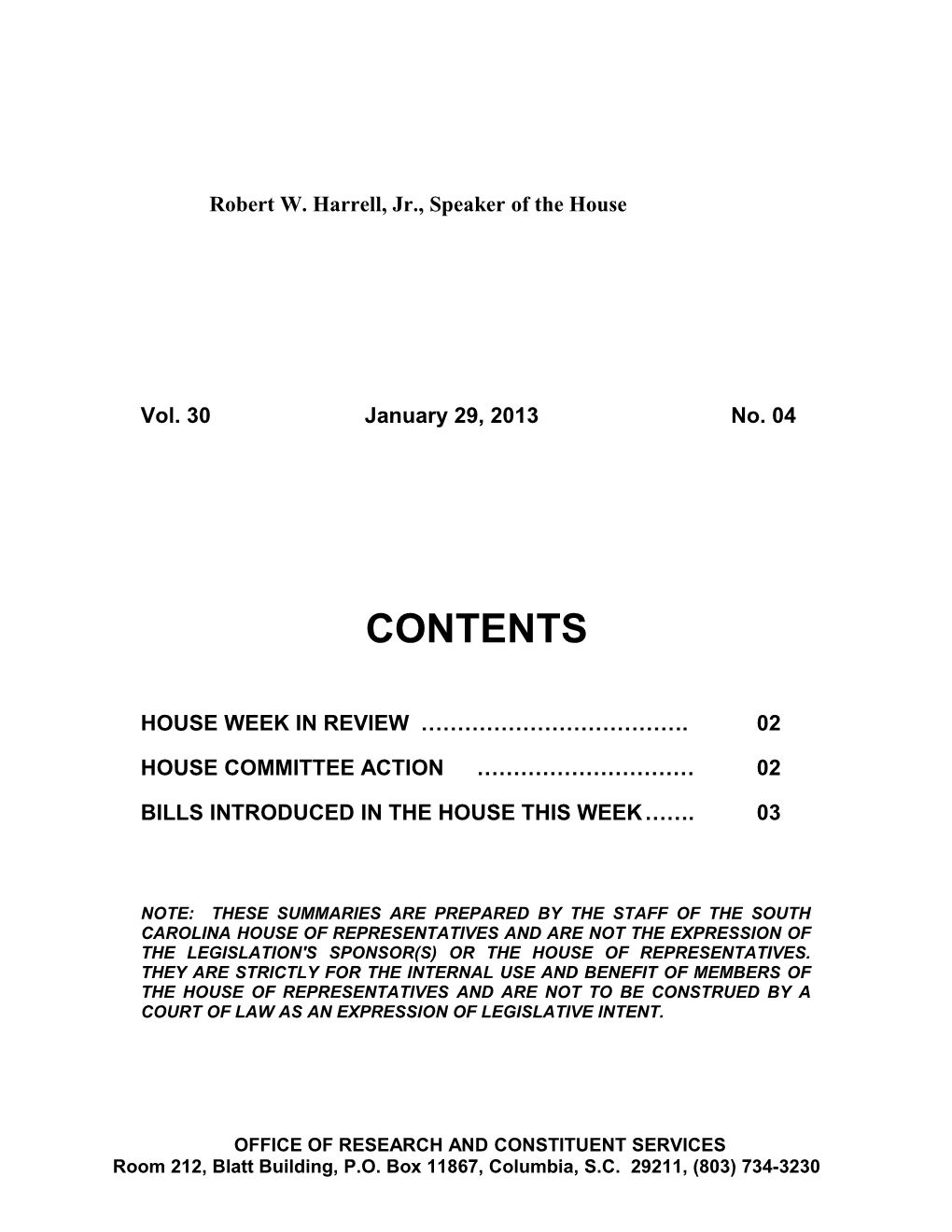 Legislative Update - Vol. 30 No. 04 January 29, 2013 - South Carolina Legislature Online
