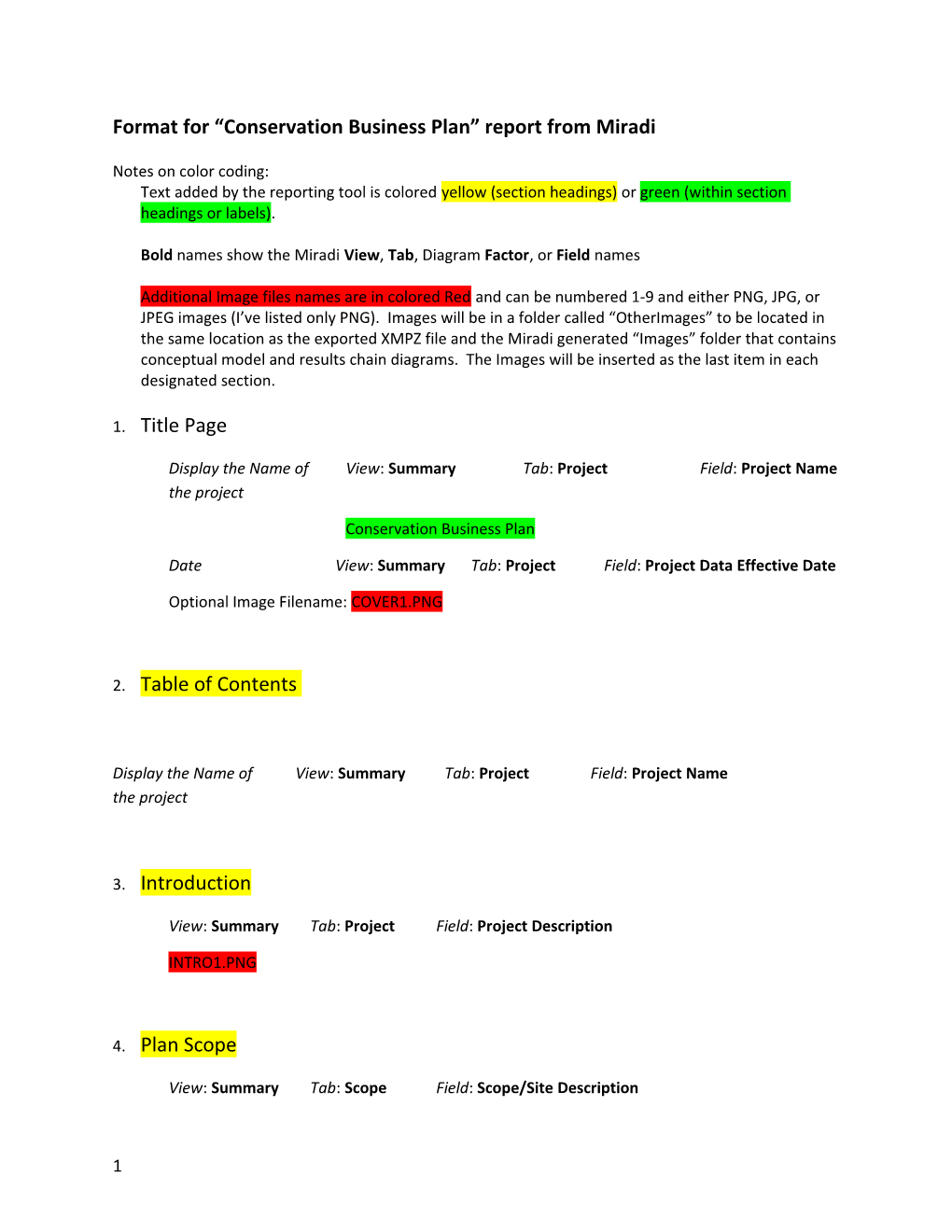 Format for Conservation Business Plan Report from Miradi