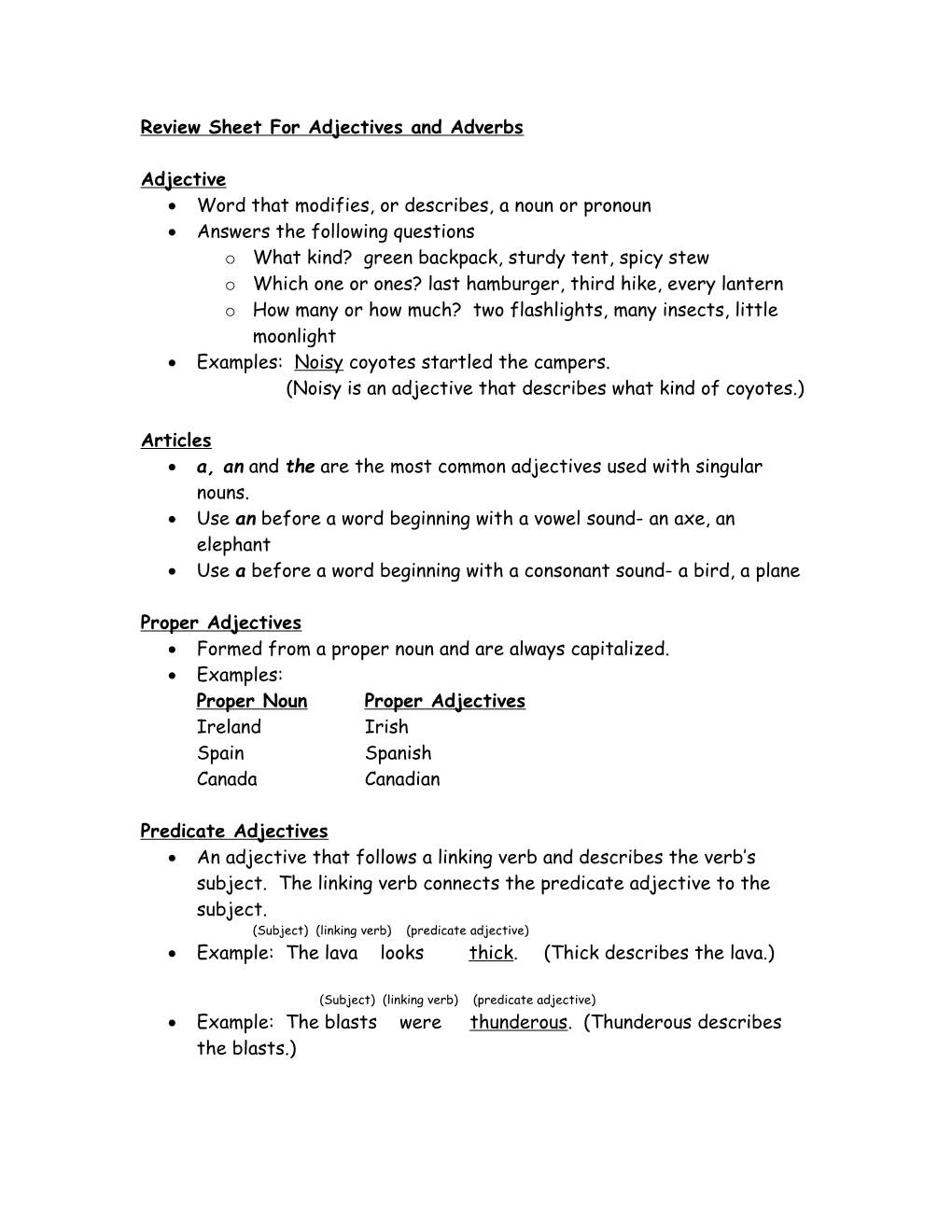 Review Sheet for Adjectives and Adverbs