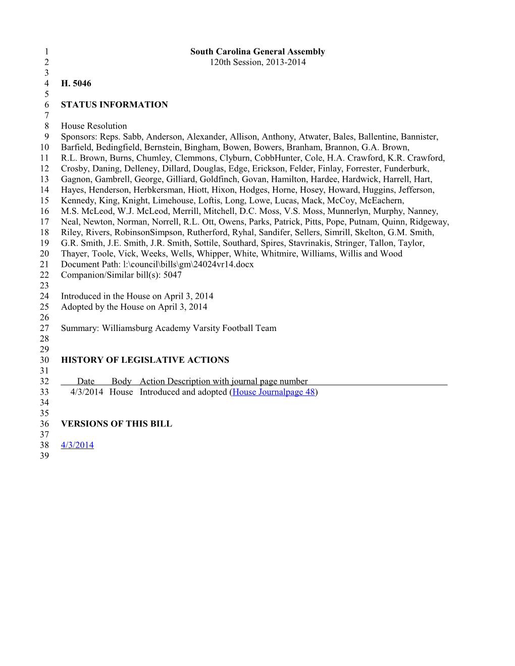 2013-2014 Bill 5046: Williamsburg Academy Varsity Football Team - South Carolina Legislature