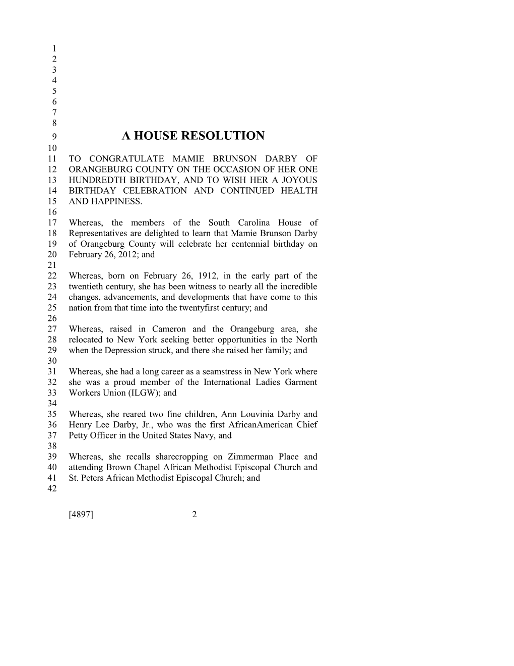 2011-2012 Bill 4897: Mamie Brunson Darby - South Carolina Legislature Online