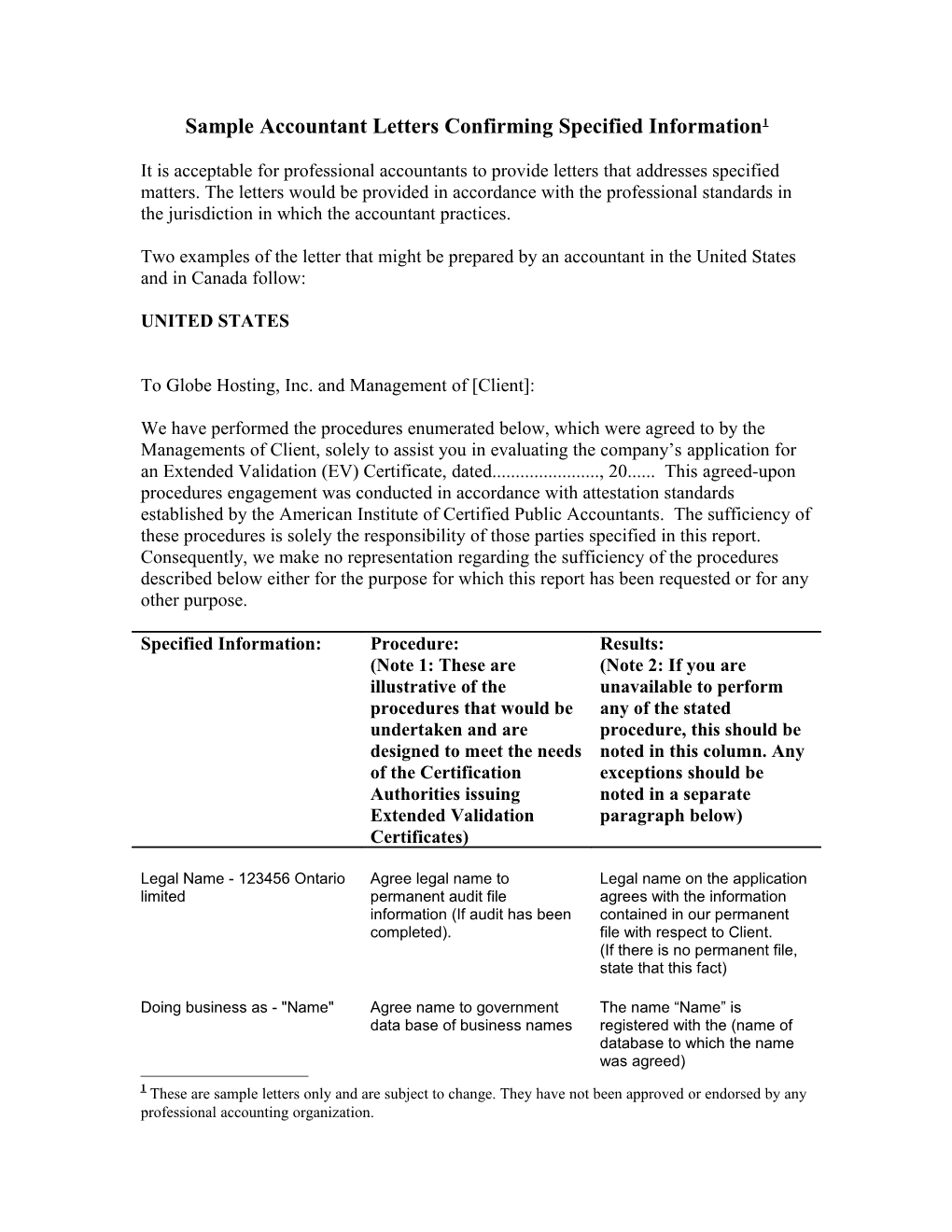 Sample Accountant Letters Confirming Specified Information