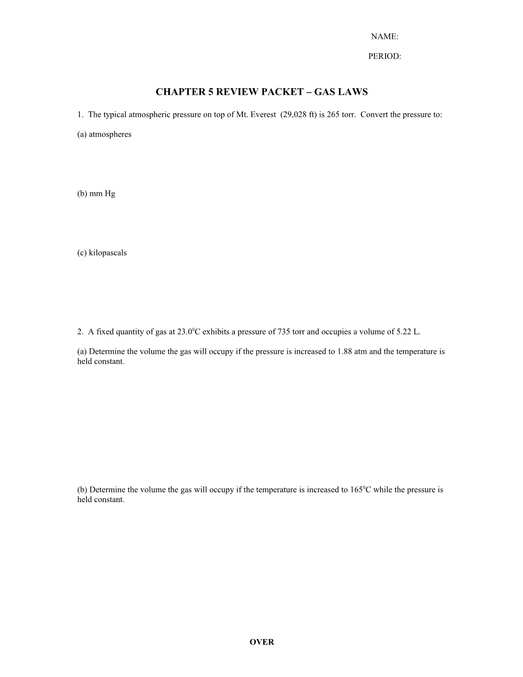 Chapter 5 Review Packet Gas Laws