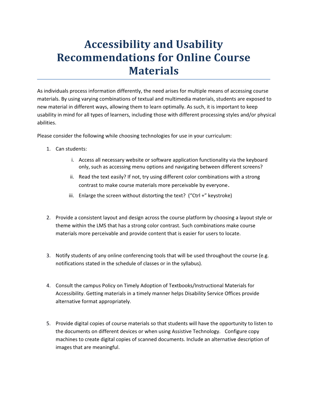 Accessibility and Usability Recommendations for Online Course Materials