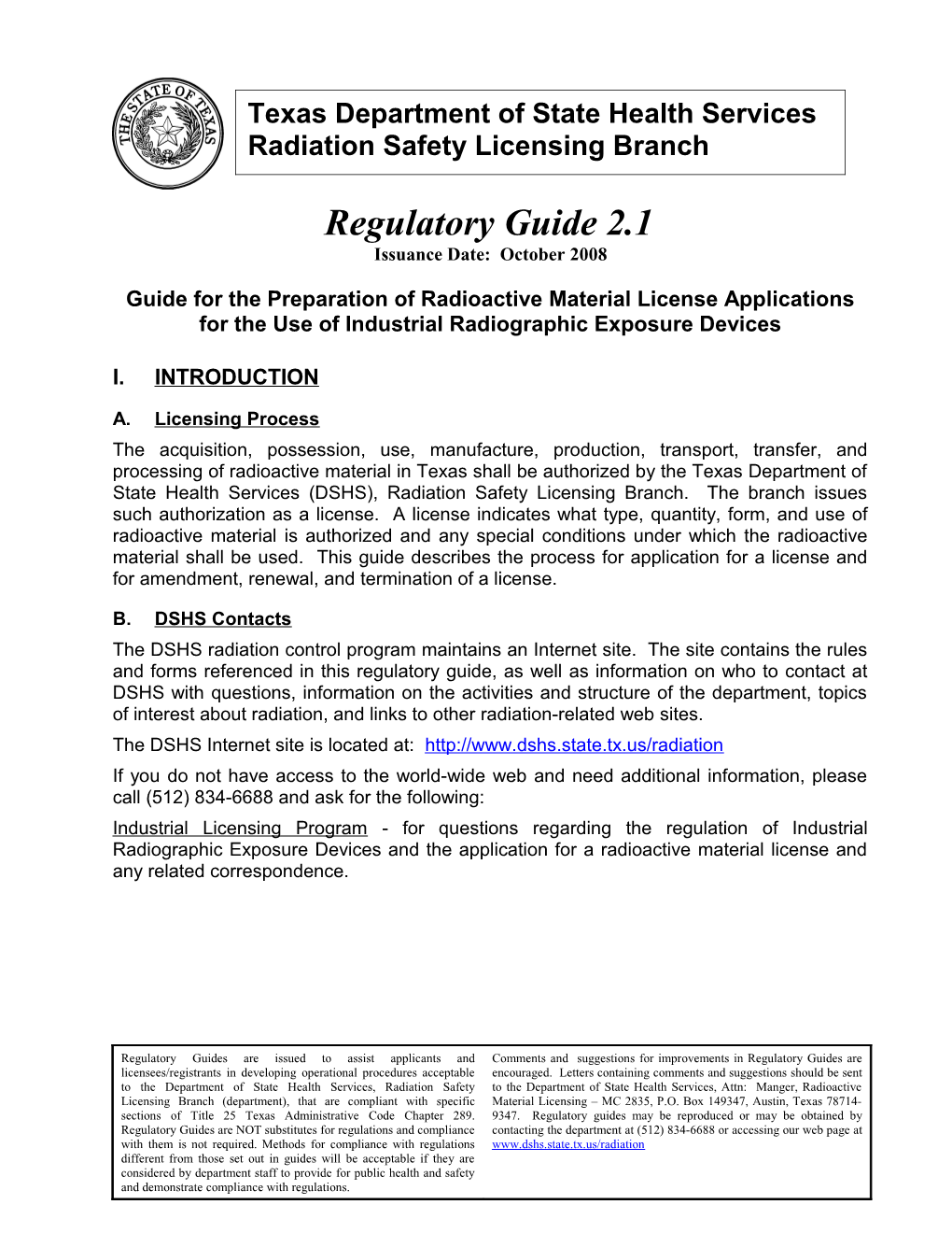 Texas Radiation Safety Licensing Branchregulatory Guide 2.1Ind. Radiographylicense Application