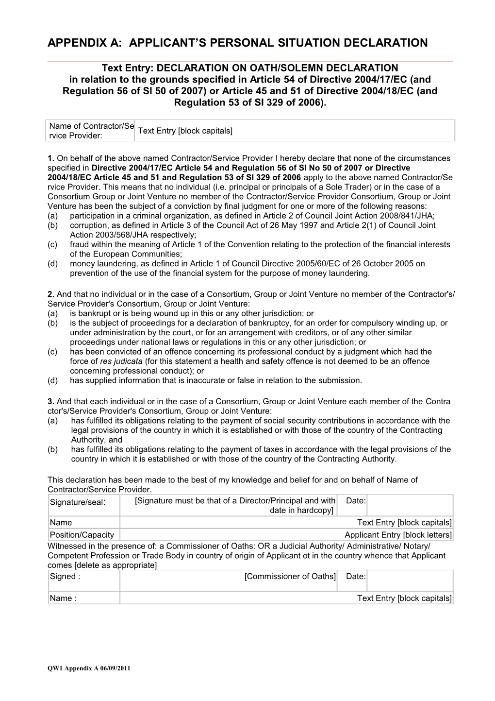 Appendix A: Applicant S Personal Situation Declaration