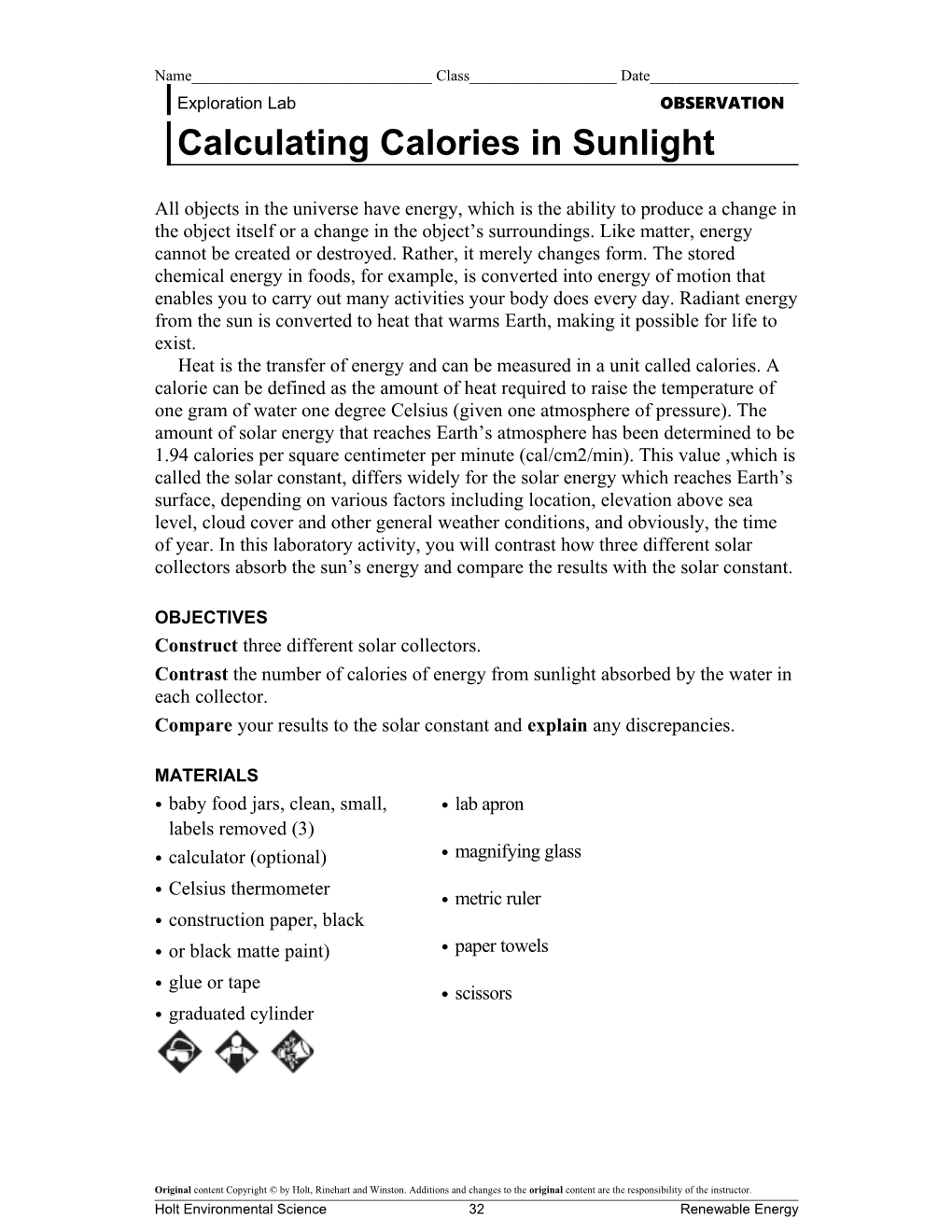 Calculating Calories in Sunlight