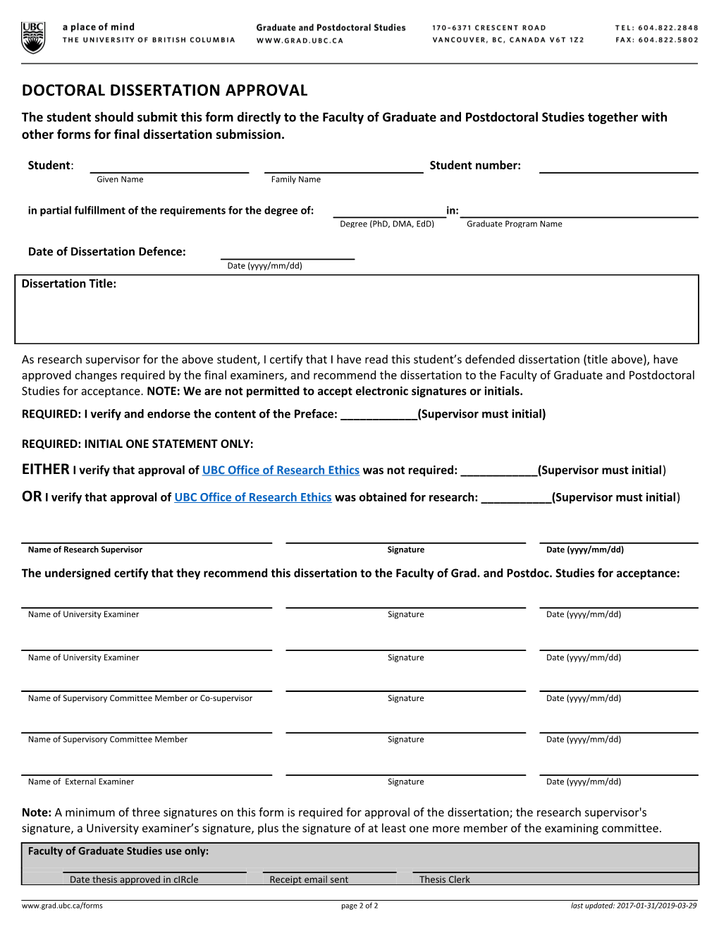 Doctoral Dissertation Approval Form Instructions