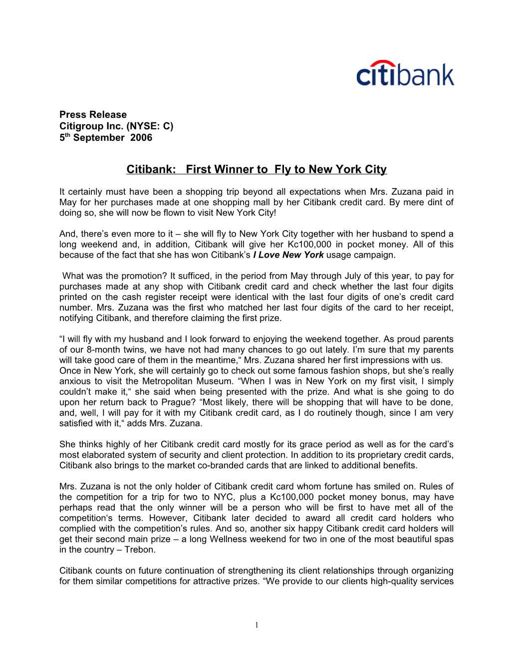 Citibank: First Winner to Fly to New York City