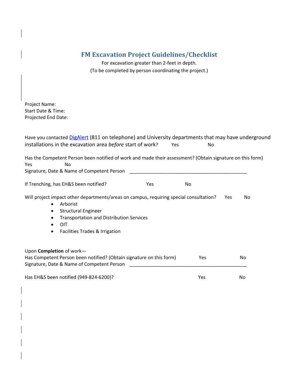 FM Excavation Project Guidelines/Checklist