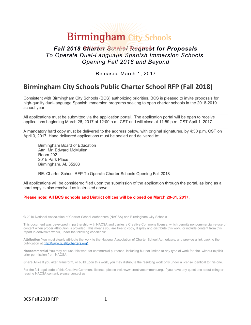 Fall 2018 Charter School Request for Proposals