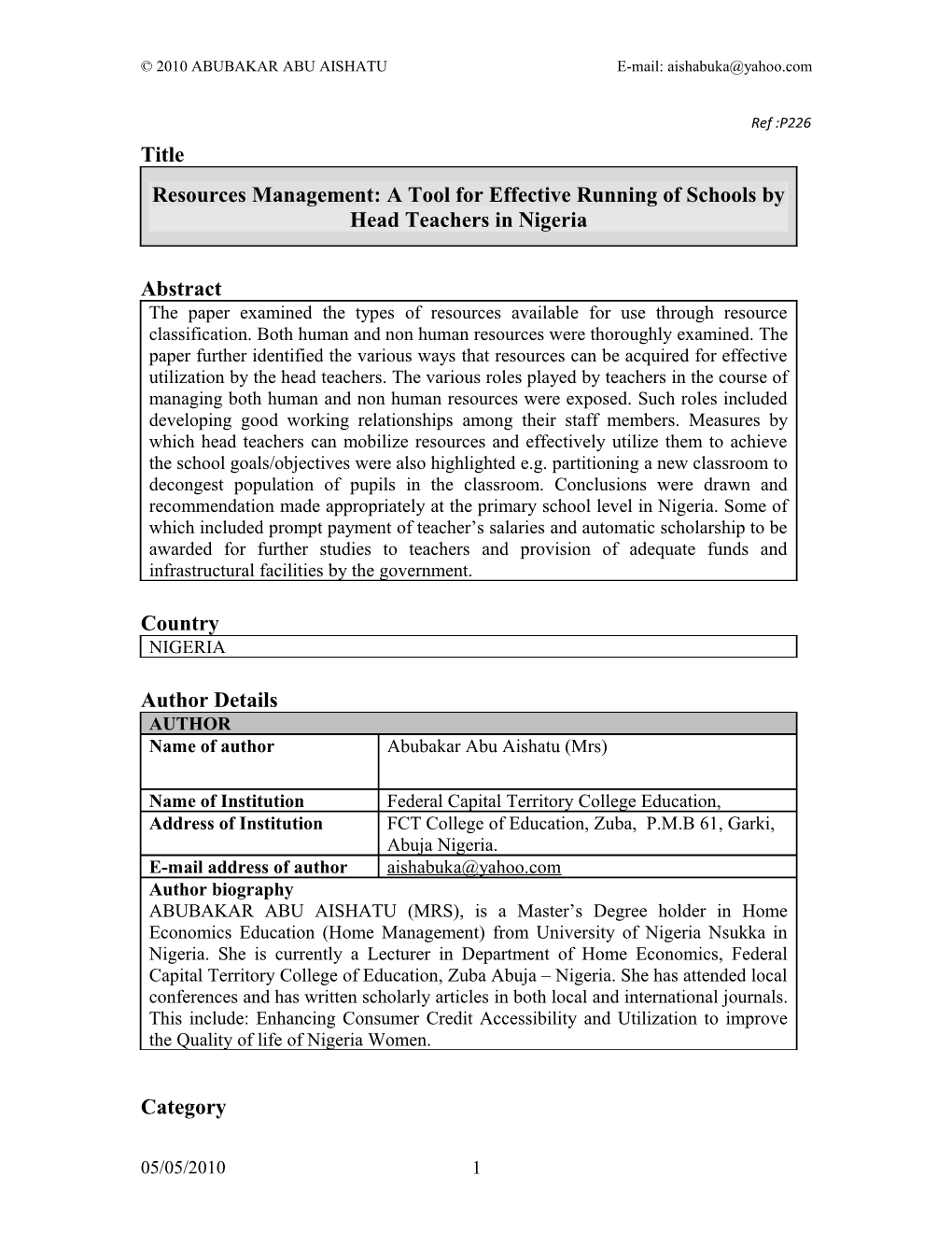 Resources Management: a Tool for Effective Running of Schools by Head Teacher in Federal
