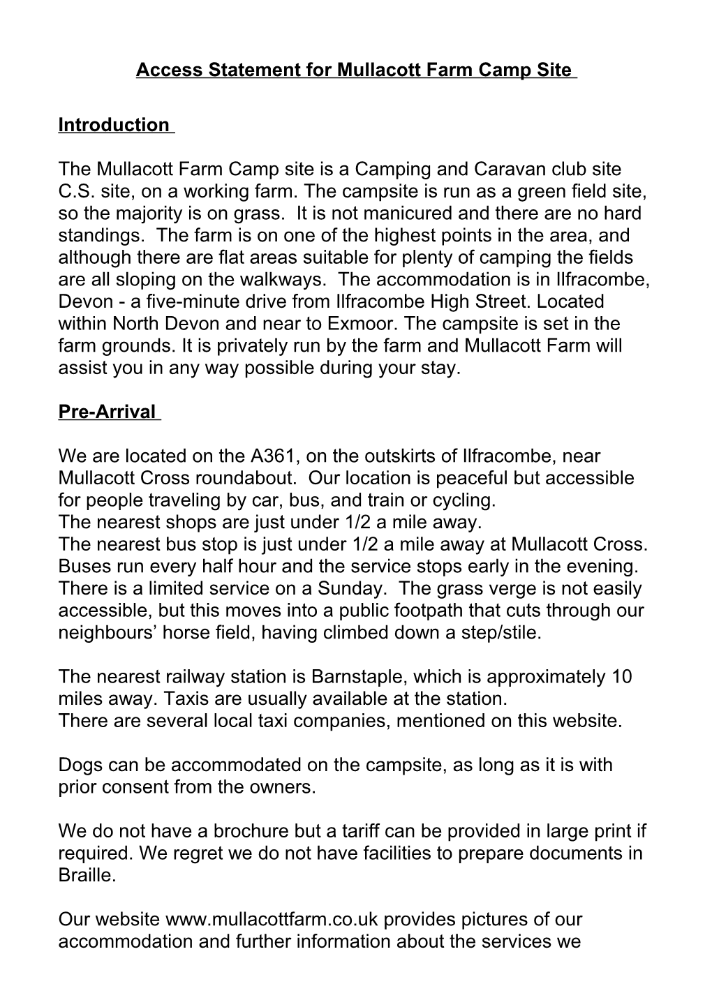 Access Statement for Mullacott Farm Camp Site
