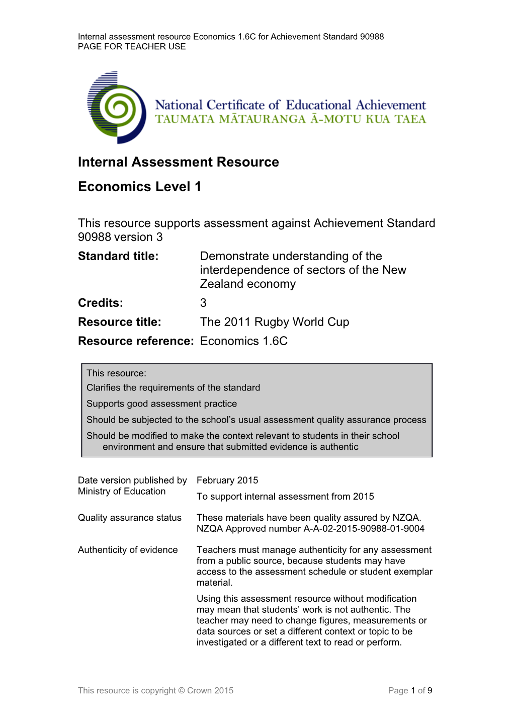 Internal Assessment Resource L1 Economics