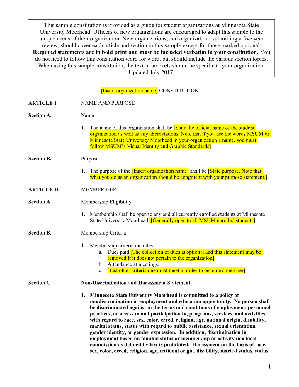 This Sample Constitution Is Provided As a Guide to Developing Constitutions for Student