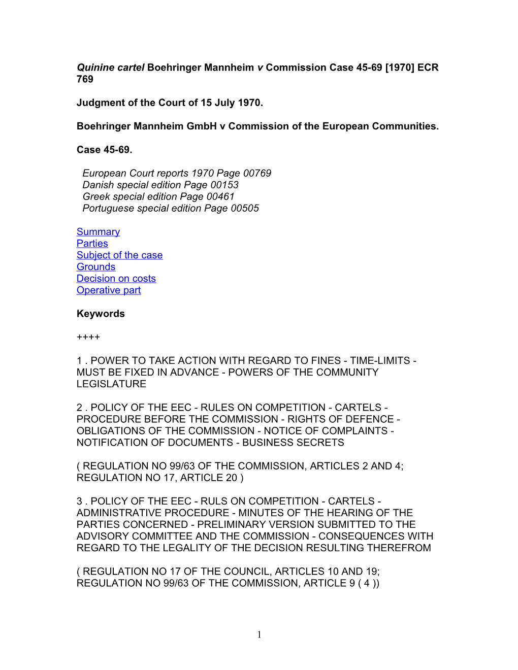Quinine Cartel Boehringer Mannheim V Commission Case 45-69 1970 ECR 769