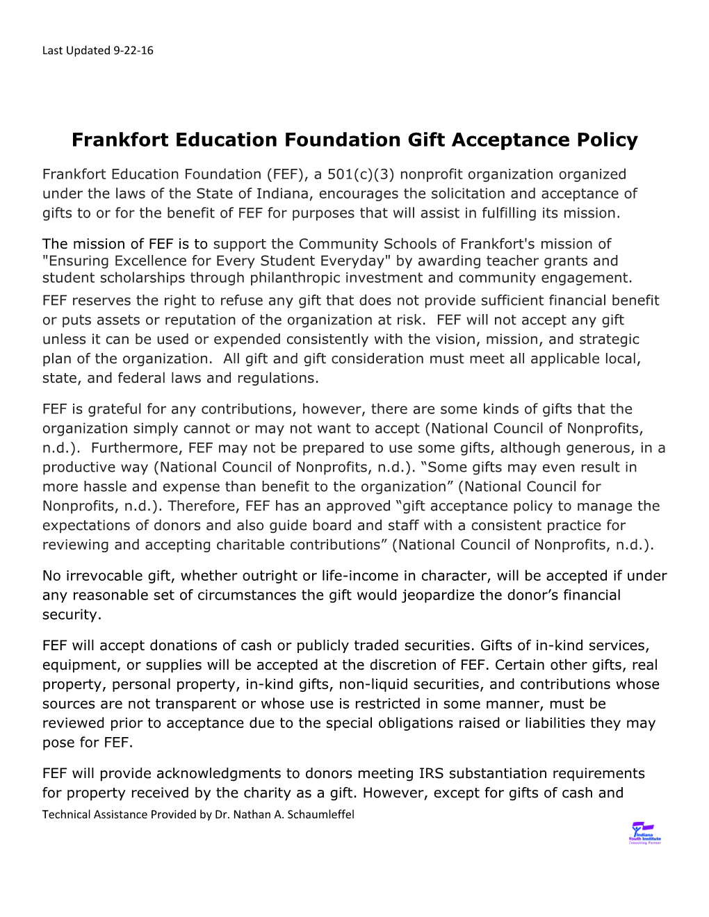 Frankfort Education Foundationgift Acceptance Policy