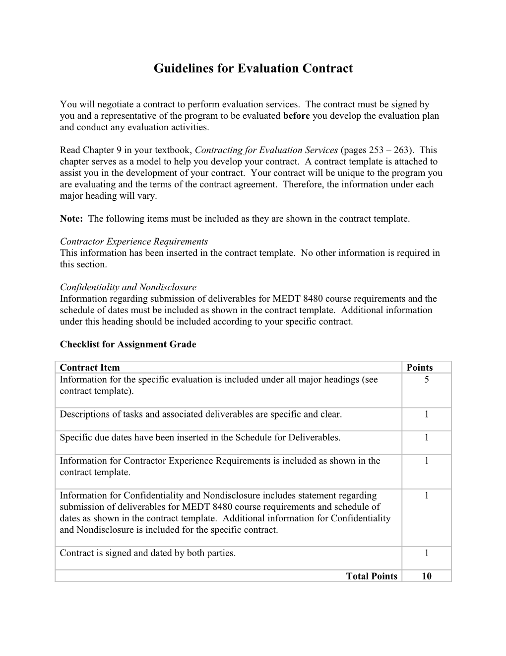 Guidelines for Evaluation Contract