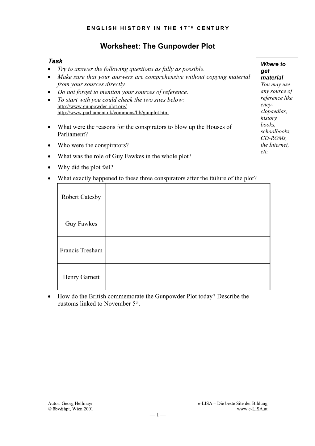 Worksheet Gunpowder Plot