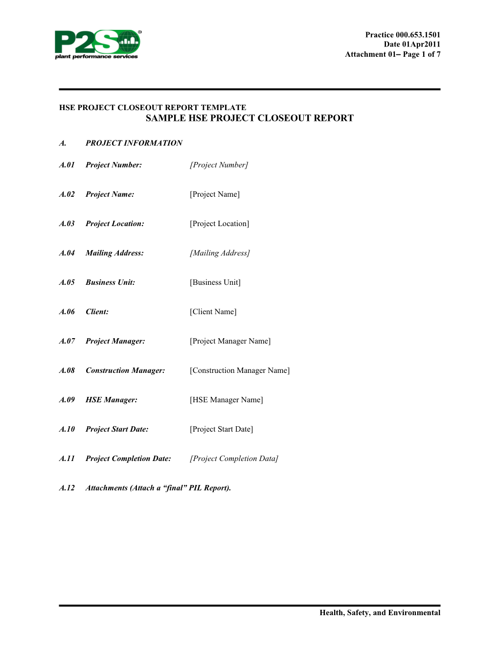 HSE Project Closeout Report Template - Engineering/Field